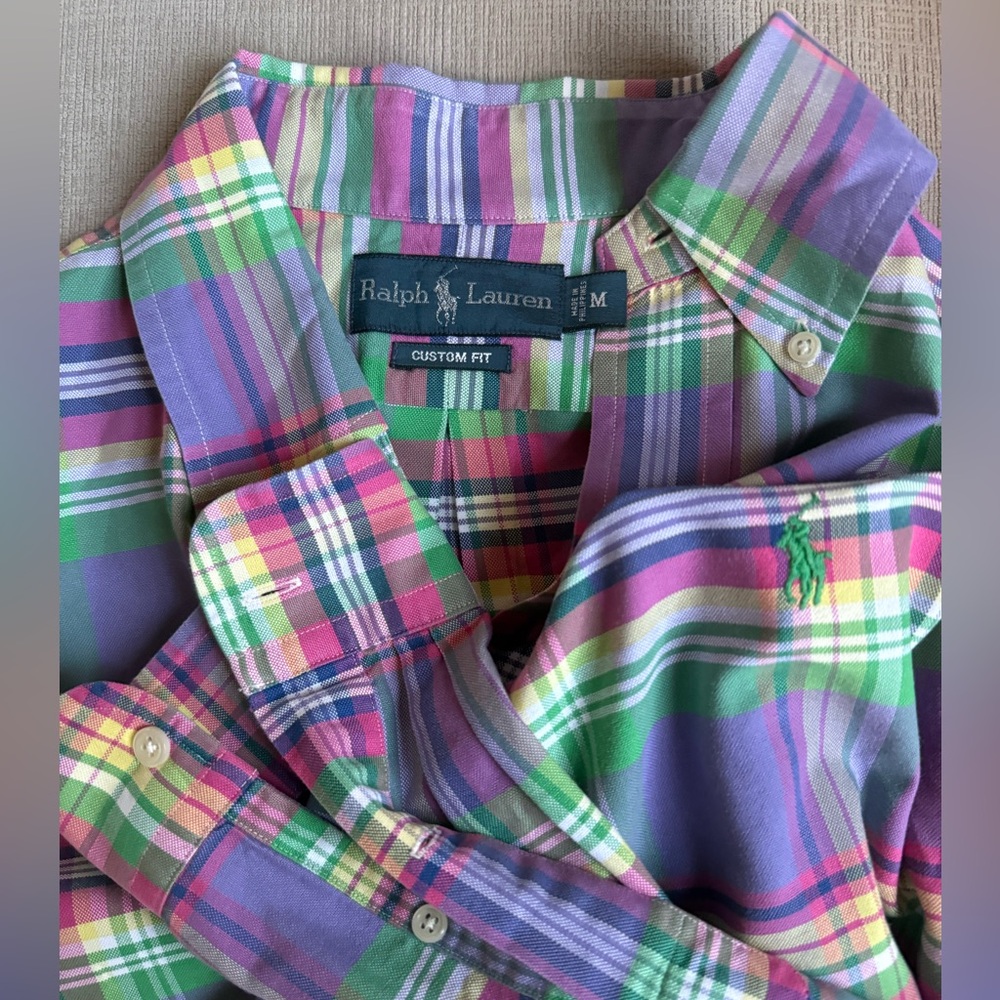 Ralph Lauren Men's Green and Purple Plaid Shirt